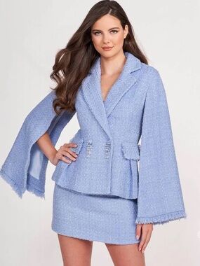 Ellie Wilde Mon Cheri Semi Formal Dusty Blue Tweed Suit | 2 Piece Set | Size XL